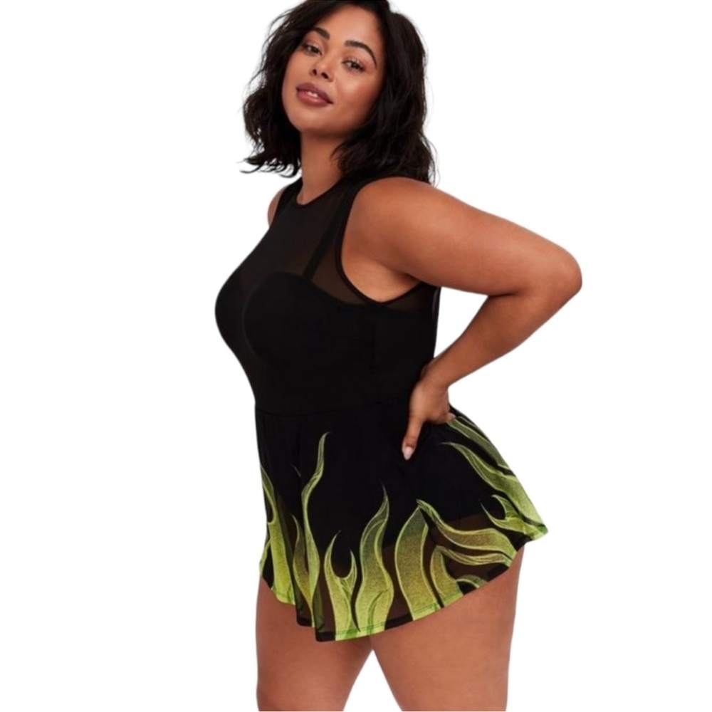 Plus Size Black Swim Dress with Green Flame Print